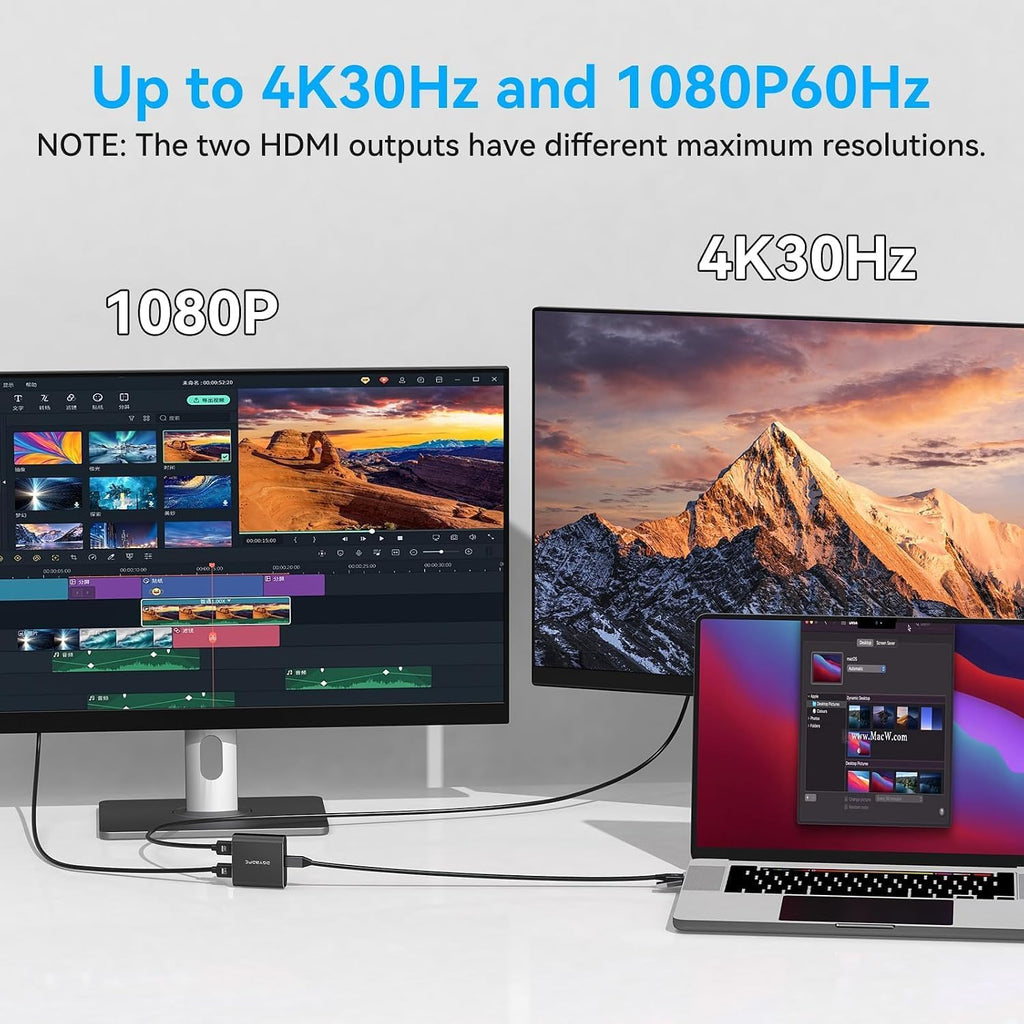 Adaptador USB A/C a HDMI dual pantalla extendida para monitor dual, USB A y USB C a doble pantalla divisor HDMI, 3 pantallas separadas para Windows, MacOS (necesidad de instalación de controladores