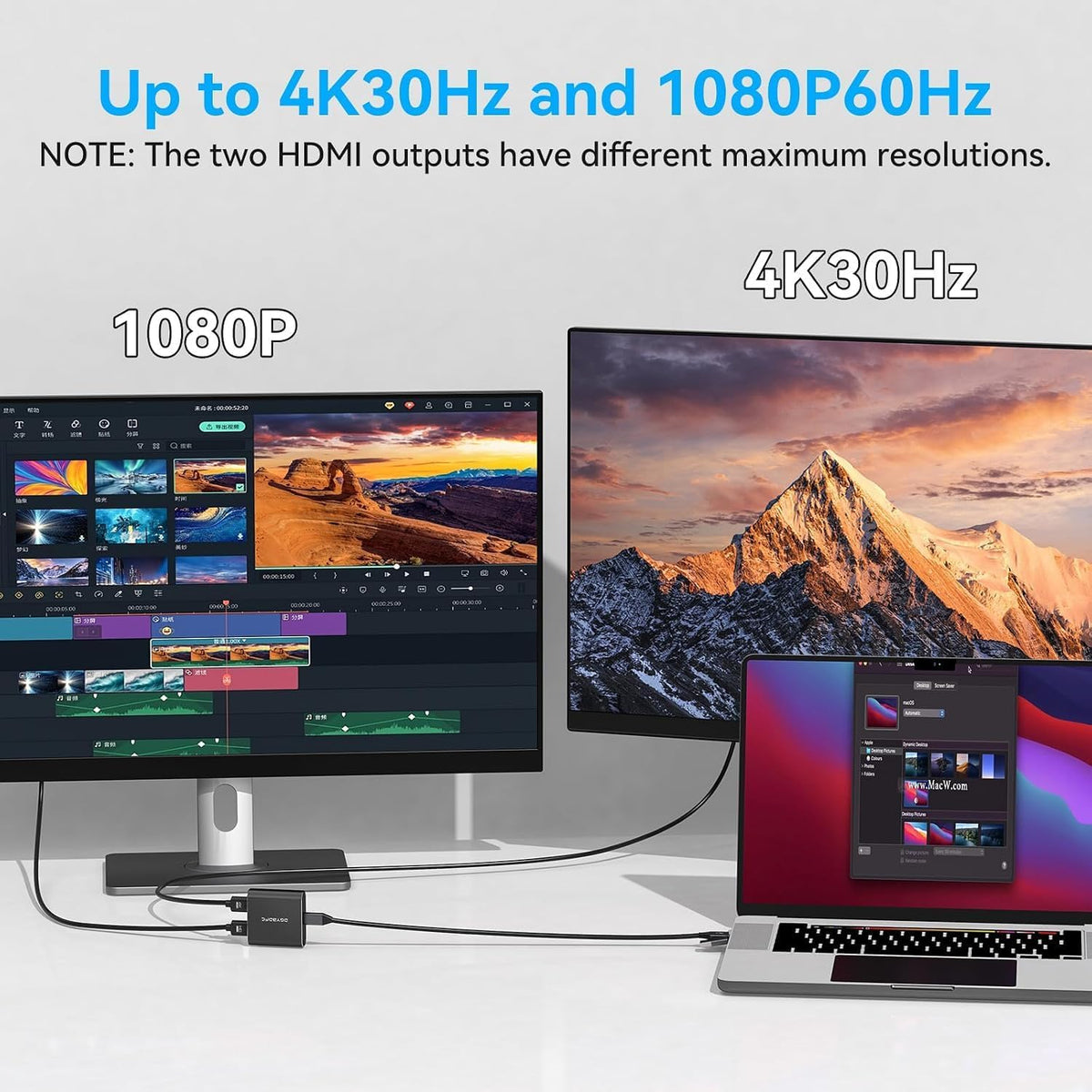 Adaptador USB A/C a HDMI dual pantalla extendida para monitor dual, USB A y USB C a doble pantalla divisor HDMI, 3 pantallas separadas para Windows, MacOS (necesidad de instalación de controladores