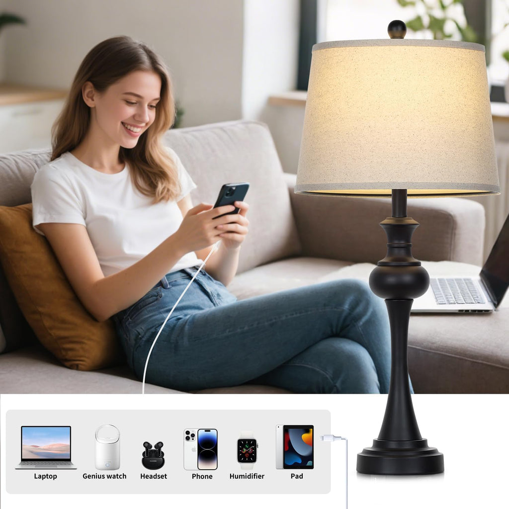 Lámpara Lámparas de mesa modernas negras de 28.75 pulgadas para sala de estar, lámpara de noche con puertos USB A+C y salidas de CA, lámparas táctiles regulables de 3 vías para sala de estar, lámpara de mesita de noche bombilla LED incluida (1 unidad)
