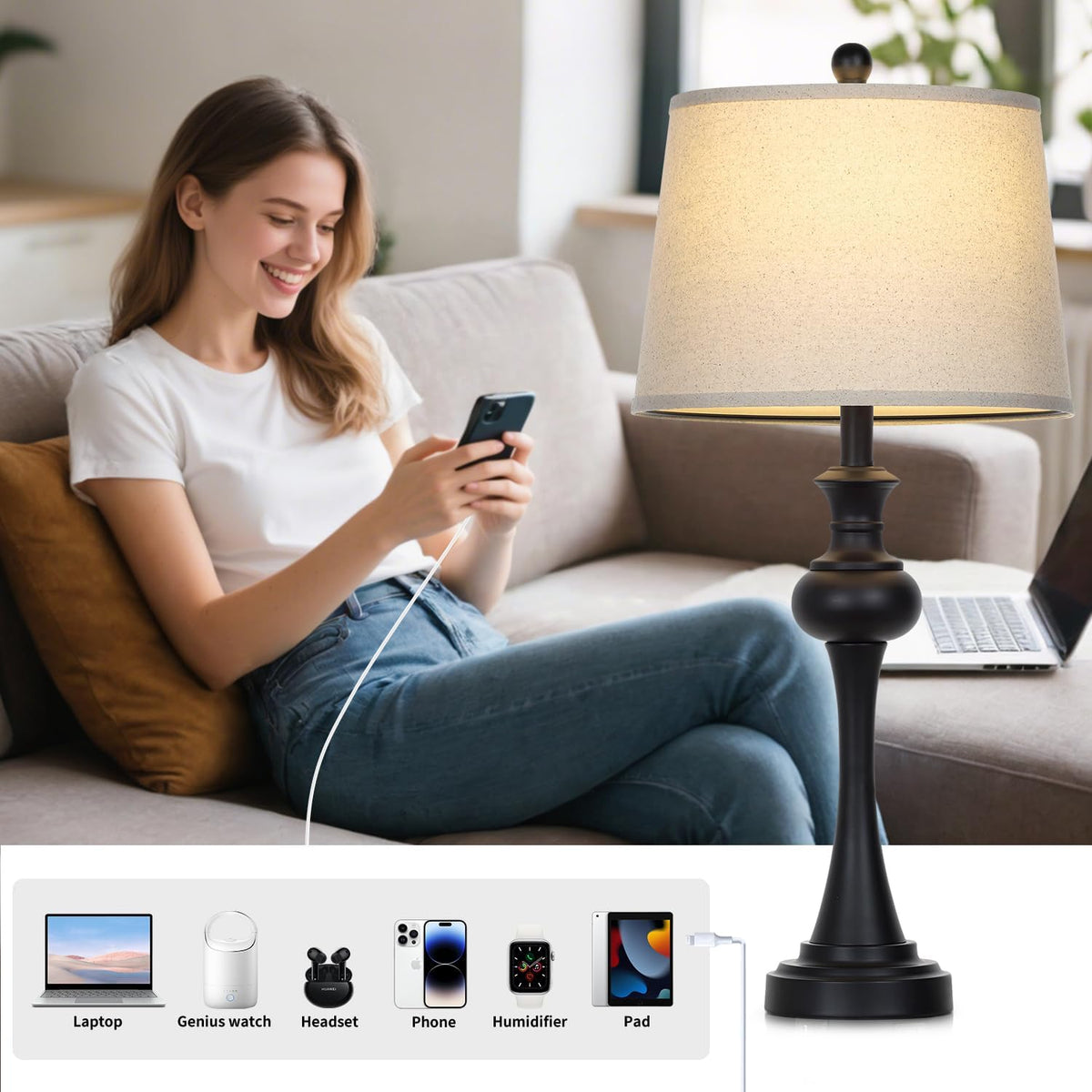 Lámpara Lámparas de mesa modernas negras de 28.75 pulgadas para sala de estar, lámpara de noche con puertos USB A+C y salidas de CA, lámparas táctiles regulables de 3 vías para sala de estar, lámpara de mesita de noche bombilla LED incluida (1 unidad)