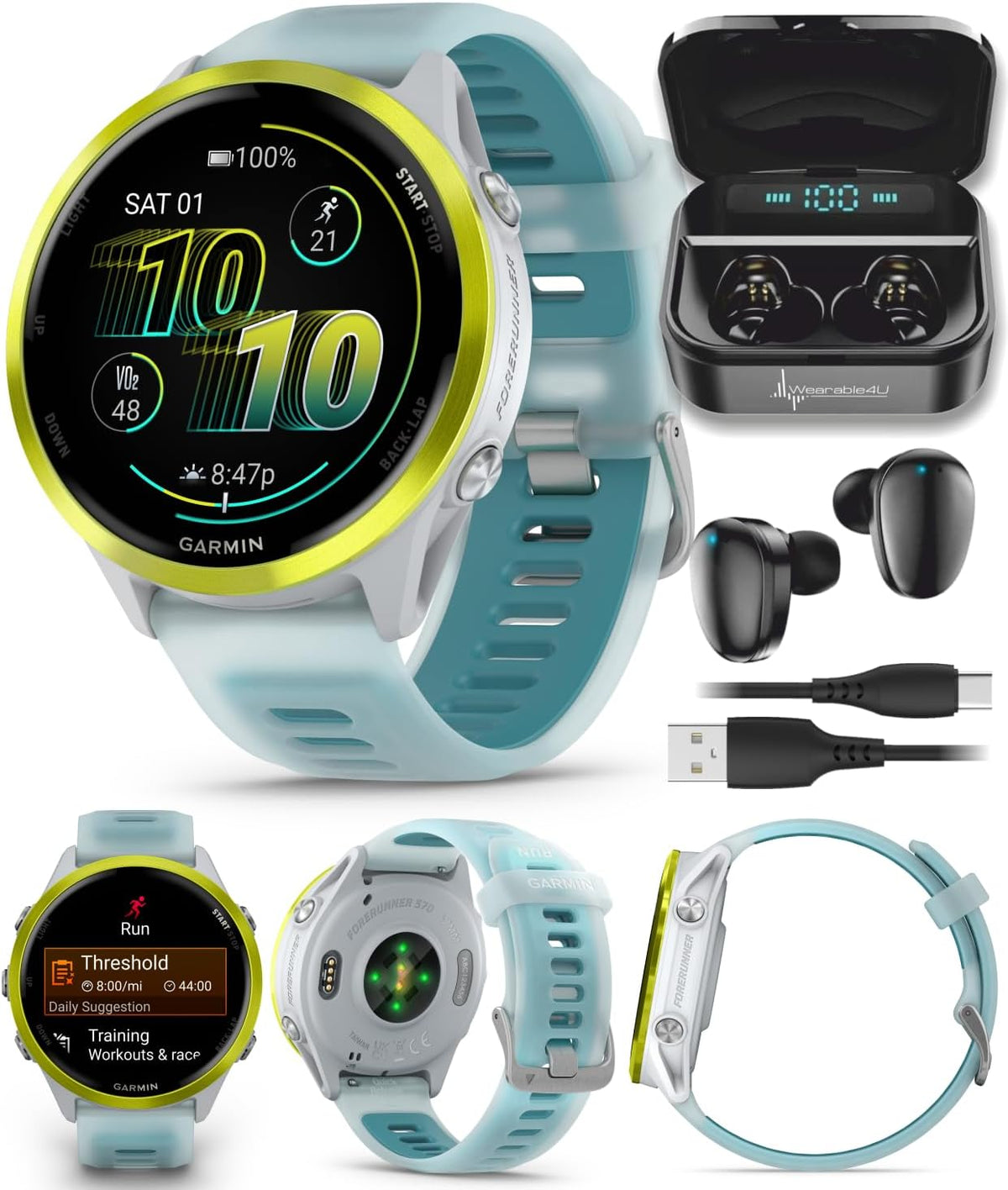 Garmin Forerunner 570 47mm Reloj inteligente avanzado para correr y triatlón con GPS AMOLED Pantalla de visualización y recuperación de entrenamiento Amplio Amarillo de aluminio con banda de piedra
