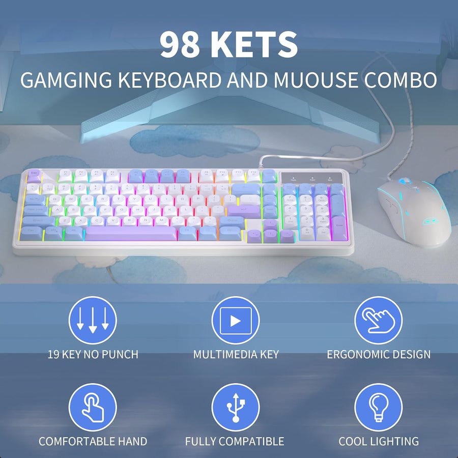 Teclado de Juego con Cable, Combo de Teclado y Ratón Cremoso, Tecla...