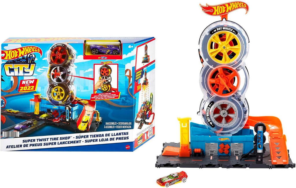 Hot Wheels City Super Twist Tire Shop Set de Juego y Auto de Juguete