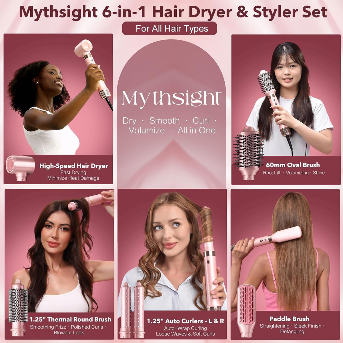 Mythsight StyleVibe 6 en 1 Air Styler con Secador de Pelo y Rizador Automático Enrollado Izq/Der