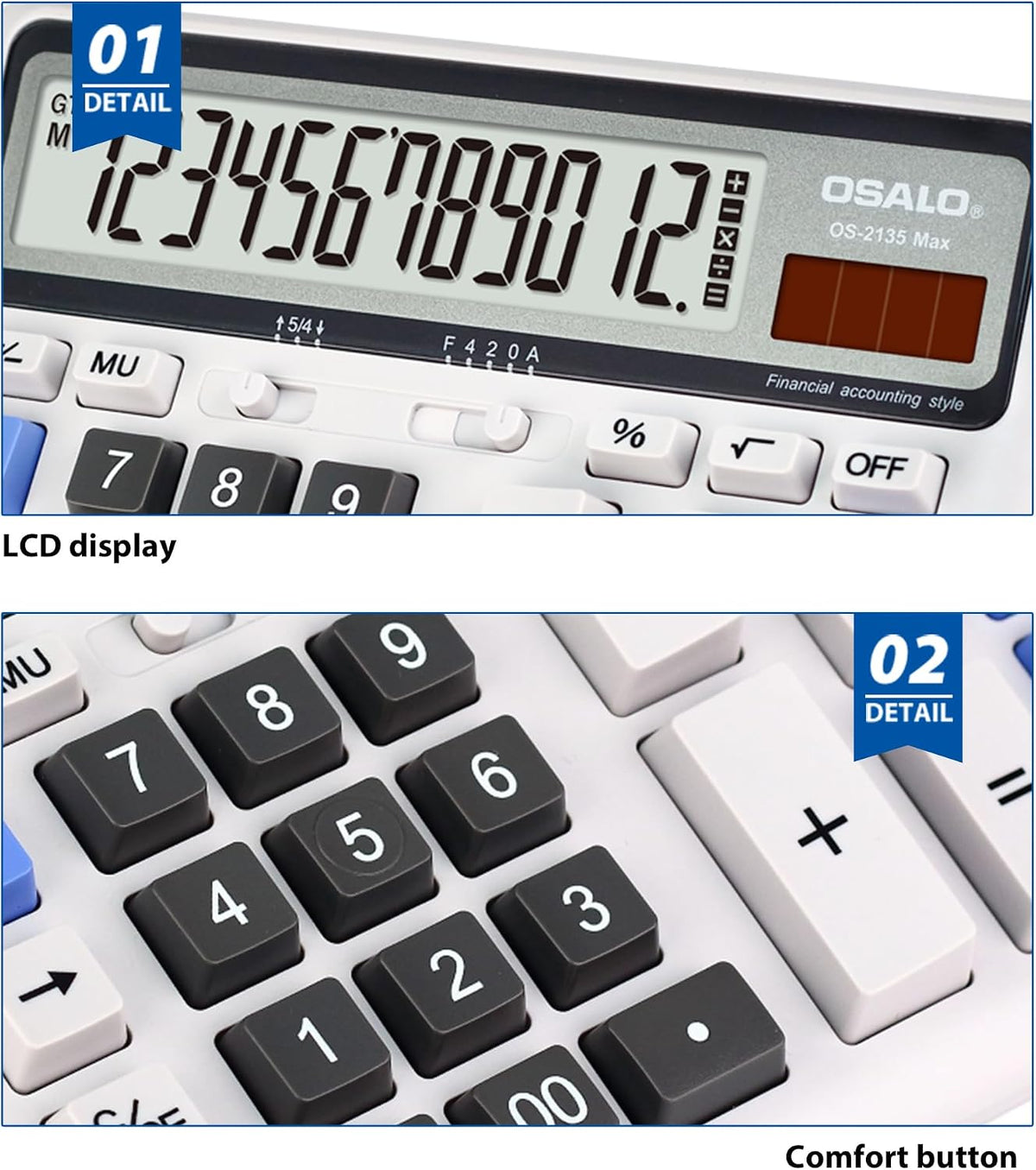 Calculadora de escritorio, pantalla LCD extragrande, calculadora de contabilidad de números grandes de 12 dígitos con botón de respuesta gigante, batería y energía solar, perfecta para oficina