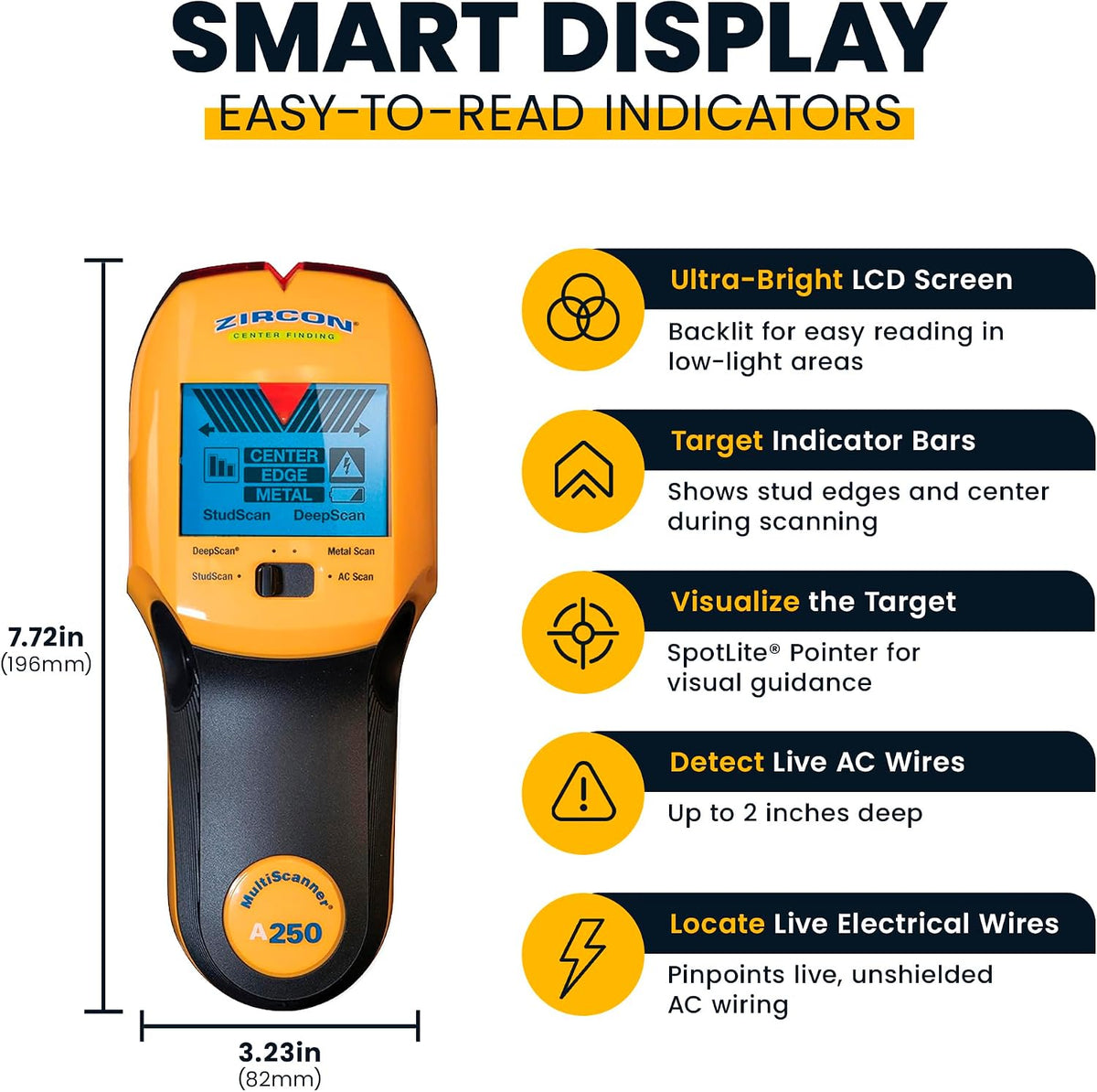 Zircon® MultiScanner™ A250 Buscador de pernos para detección de madera, metales y cables vivos