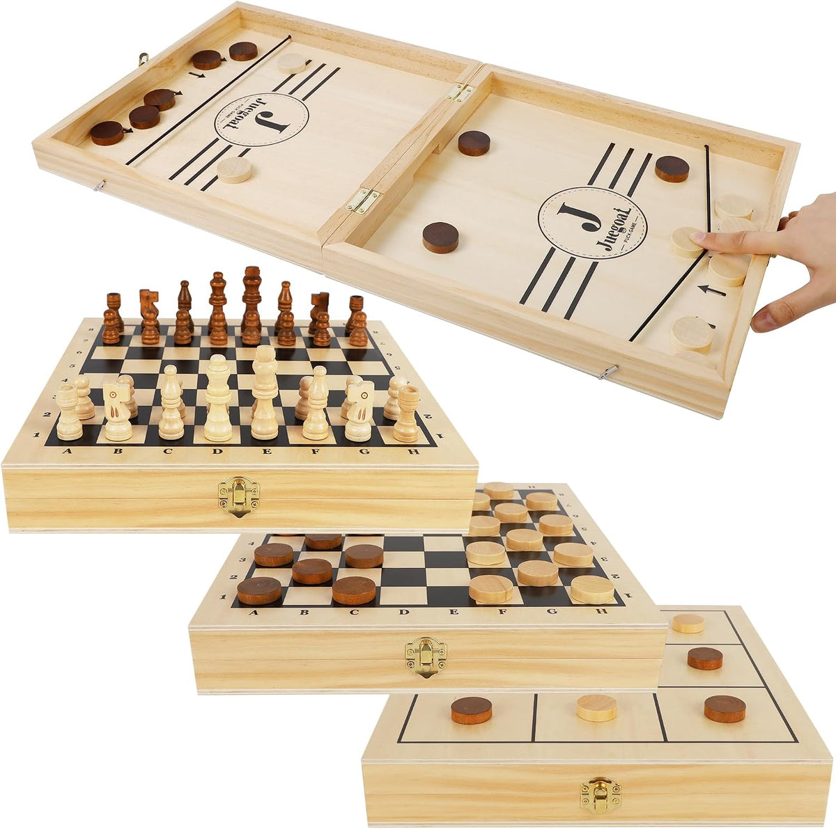 Juegoal Juego de discos de madera 4 en 1 para niños y adultos, ajedrez, damas, juegos de Tic Tac Toe, juegos de mesa de ajedrez plegable portátil de viaje, juegos de mesa de ajedrez interactivos para familias