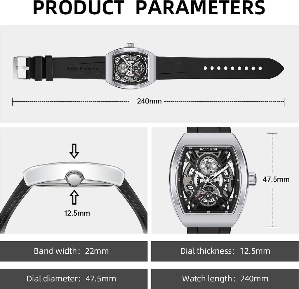 SAPPHERO Reloj para hombre, esfera de esqueleto Tonneau, caja de acero inoxidable, movimiento de cuarzo japonés, correa de silicona, reloj de pulsera deportivo y de moda, resistente a los 30M, fecha