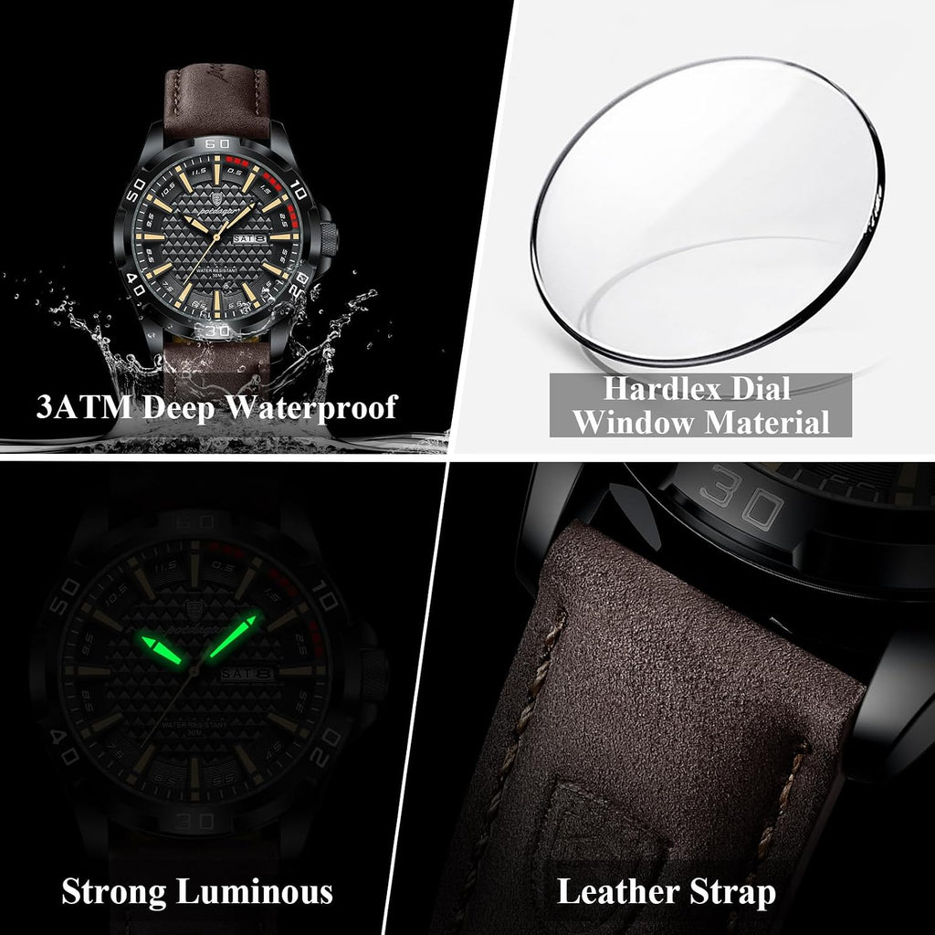 Poedagar Reloj de pulsera para hombre, de lujo, impermeable, luminoso, con fecha, para la semana, para negocios, esfera grande, de cuarzo, deportivo, de cuero, para hombre