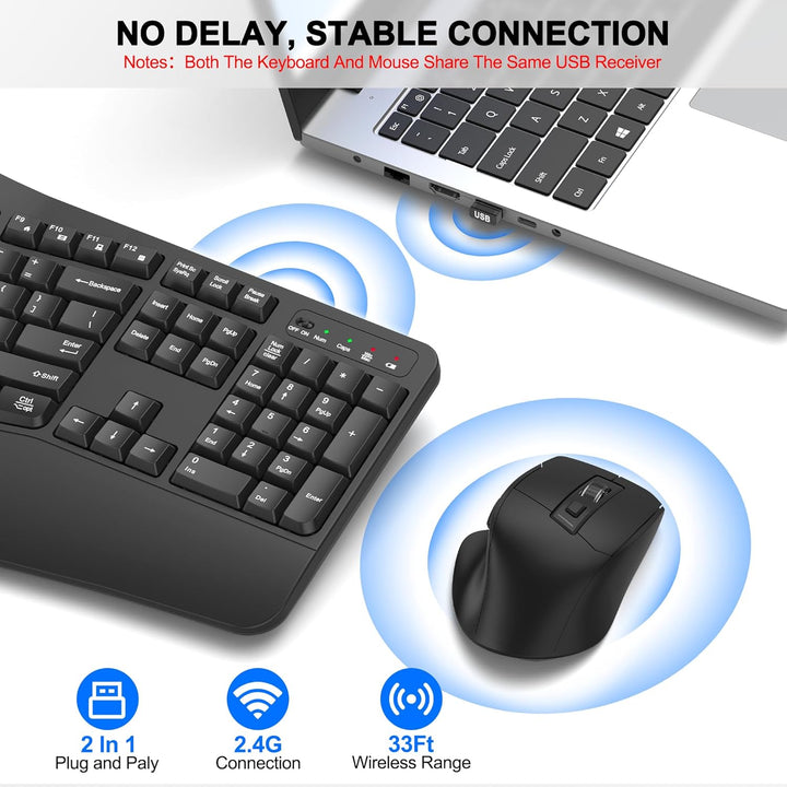 Combo de teclado y mouse inalámbricos, teclado ergonómico de tamaño...