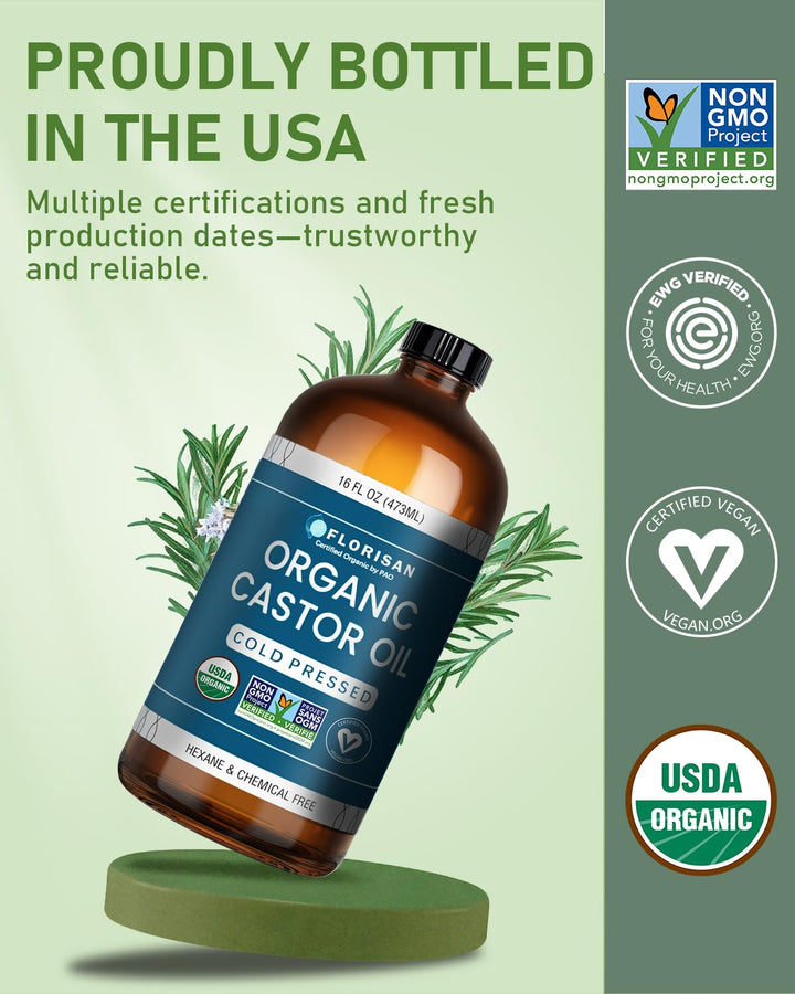 Florisan Aceite de ricino orgánico certificado USDA Botella de vidr...