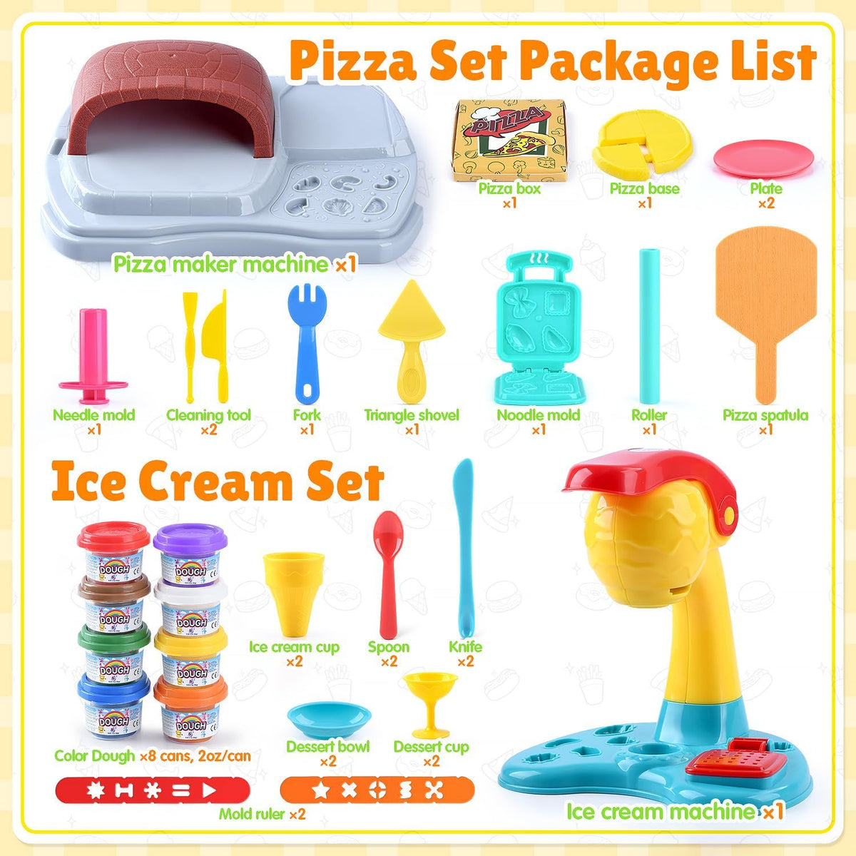 Juegos de masa de color 2 en 1 para niños de 2 a 4-8 años, máquina de helado y pizza de Kitchen Creations, juguetes de comida de arte y manualidades para niños de 3 años en adelante, niñas y niños, 8