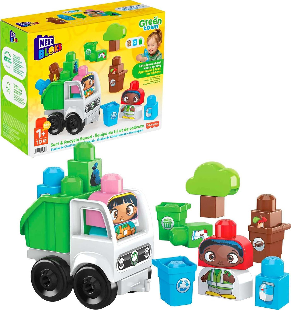MEGA BLOKS Fisher-Price - Bloques de construcción para niños pequeños, escuadrón de clasificación y reciclaje de Green Town con 15 piezas, 2 figuras, ideas de regalo de juguete para niños