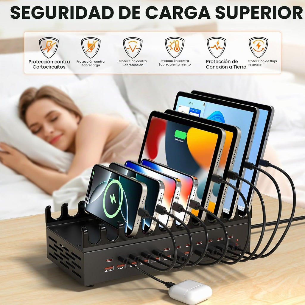 Estación de carga USB de 300 W para múltiples dispositivos, estación de carga rápida múltiple de escritorio de 24 puertos con soporte organizador de dispositivos y protección múltiple, regleta de