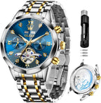 Reloj OLEVS Skeleton para Hombre Automático de Negocios Lujo con Diamante, Reloj Automático de Carga, Reloj de Pulsera con Calendario de Acero Inoxidable