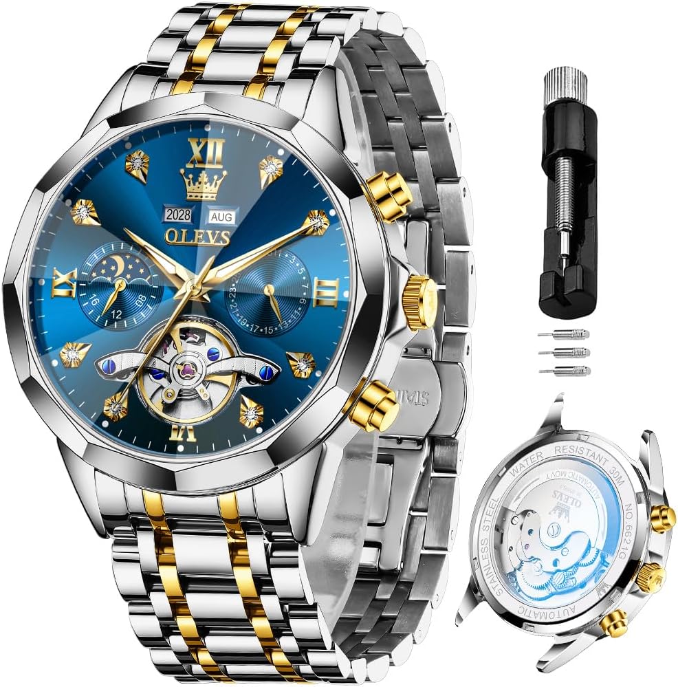 Reloj OLEVS Skeleton para Hombre Automático de Negocios Lujo con Diamante, Reloj Automático de Carga, Reloj de Pulsera con Calendario de Acero Inoxidable