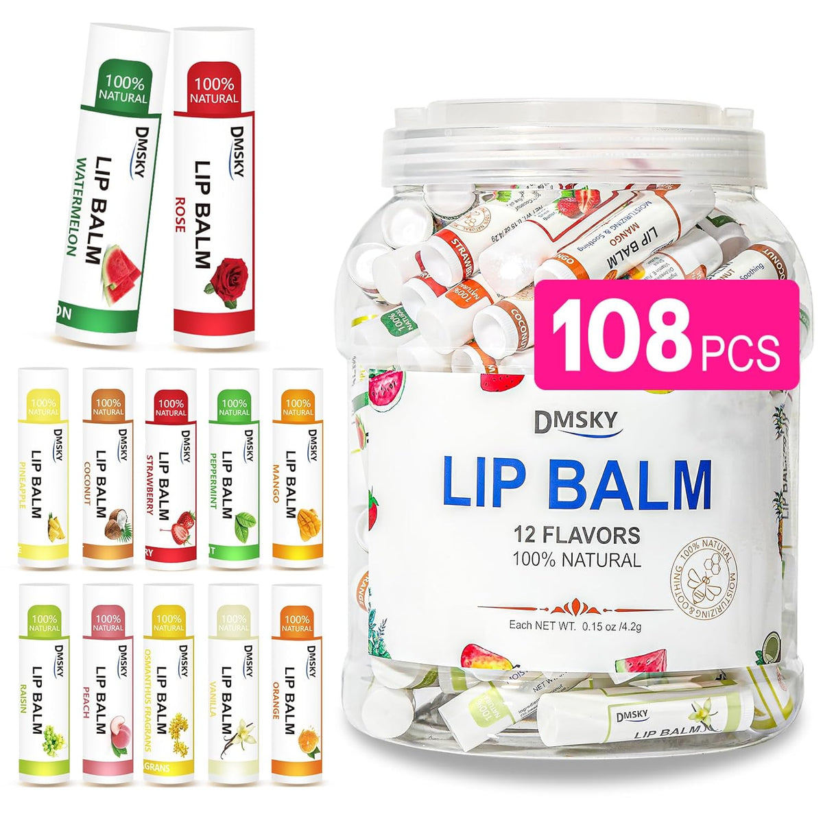 DMSKY Bálsamo labial a granel 108 unidades, bálsamo labial hidratan...