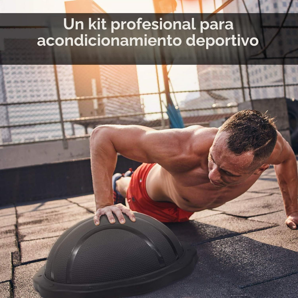 Balón entrenador Half Balance con banda de resistencia y balón de pilates (Azul/Negro)