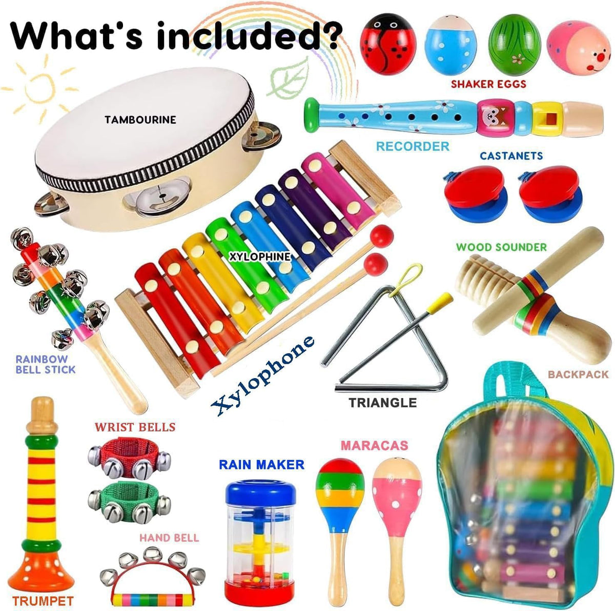 Instrumentos musicales para niños, instrumentos de percusión de madera, pandereta, juguetes de xilófono, educación preescolar, juguete musical de aprendizaje temprano para niños y niñas de 2