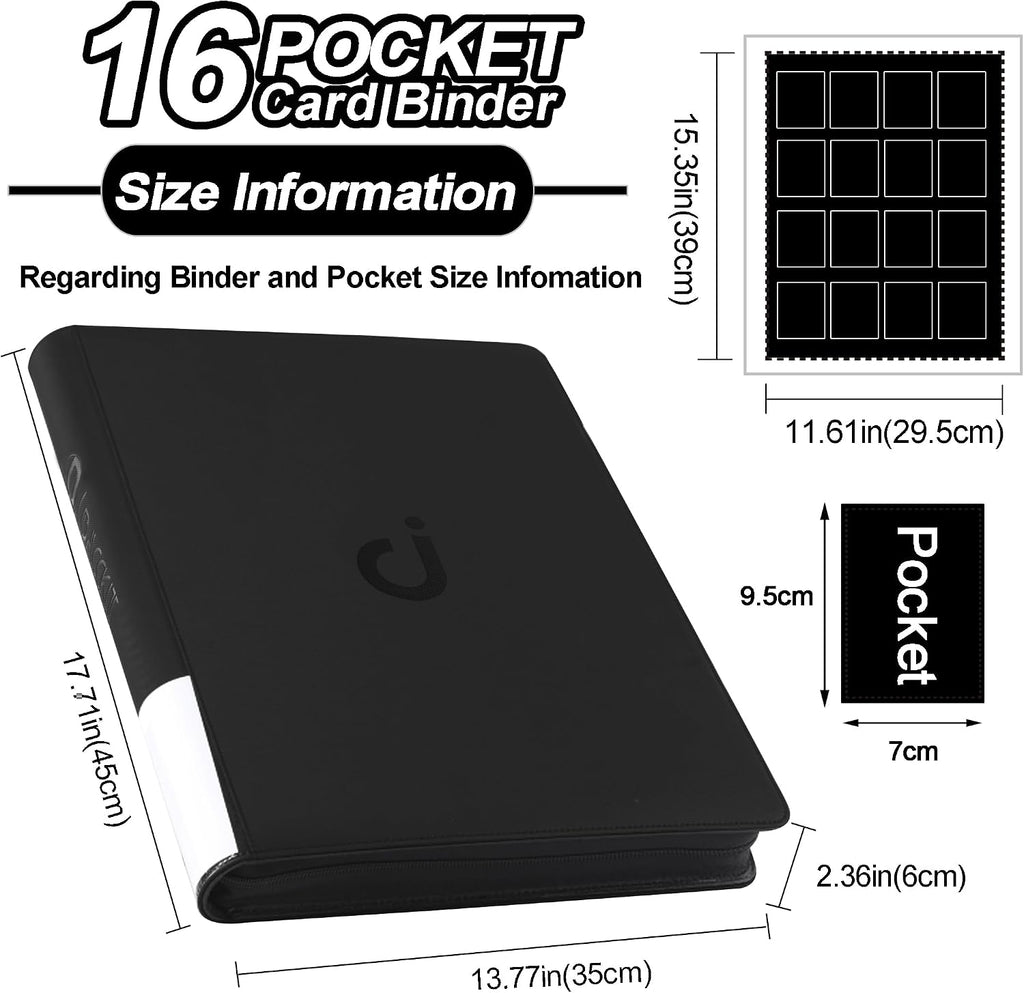 Carpeta de tarjetas premium de 16 bolsillos, se adapta a 1600 tarjetas, álbum de tarjetas sin anillo 4 x 4 con fundas para tarjetas intercambiables y tarjetas deportivas (modelo C, negro clásico)
