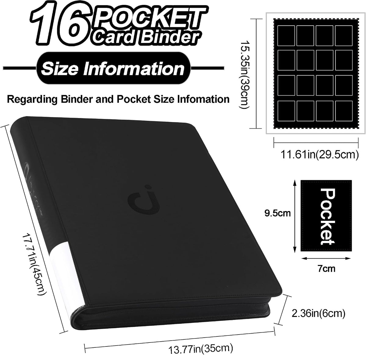Carpeta de tarjetas premium de 16 bolsillos, se adapta a 1600 tarjetas, álbum de tarjetas sin anillo 4 x 4 con fundas para tarjetas intercambiables y tarjetas deportivas (modelo C, negro clásico)