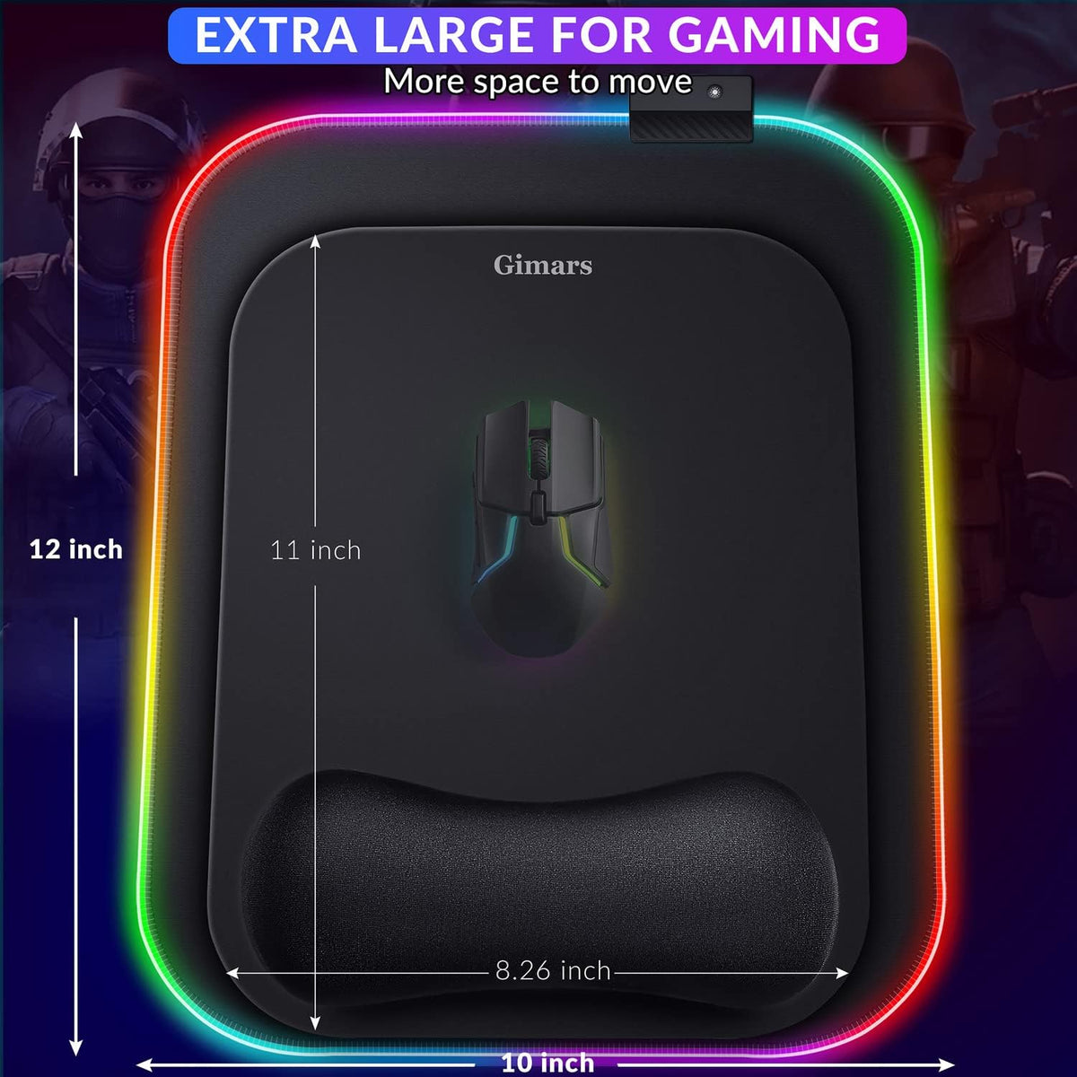 Gimars Alfombrilla de mouse RGB con soporte para reposamuñecas, 12 x 10 pulgadas, alfombrilla de mouse ergonómica extra grande para juegos con 10 modos de iluminación LED, base de goma antideslizante para juegos de PC y oficina