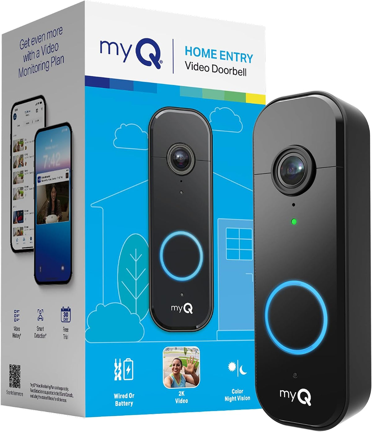 Chamberlain myQ Video Doorbell | Cámara 2K, batería/cableada, visión nocturna a color, vista en vivo con conversación bidireccional, detección de movimiento y alertas en tiempo real, vista amplia de