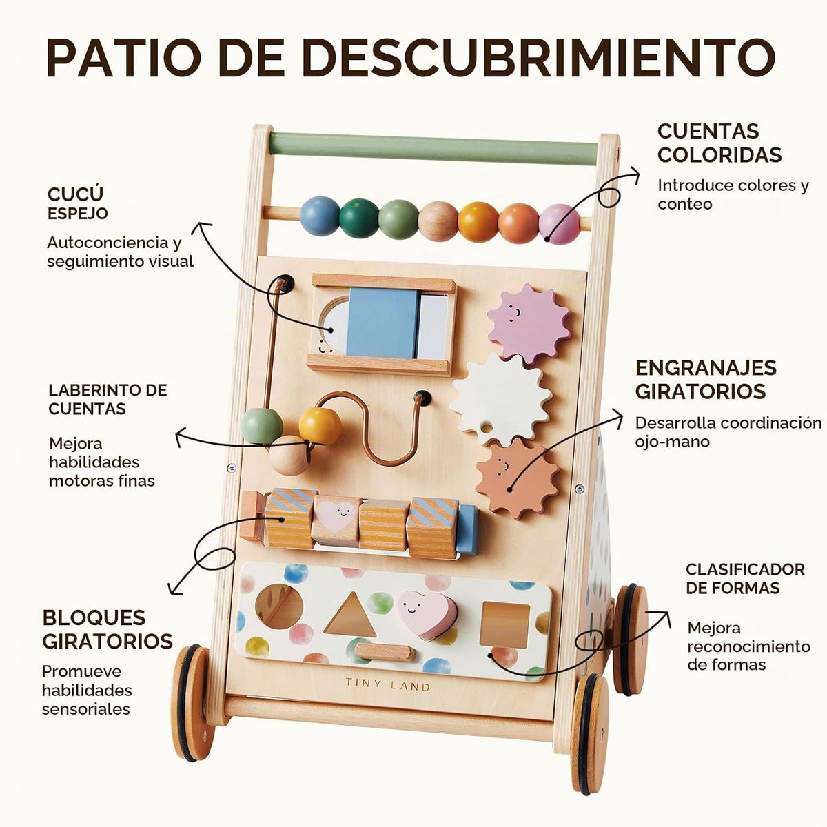 Tiny Land Caminador de Madera para Bebés con Centro de Actividades, Caminador Montessori
