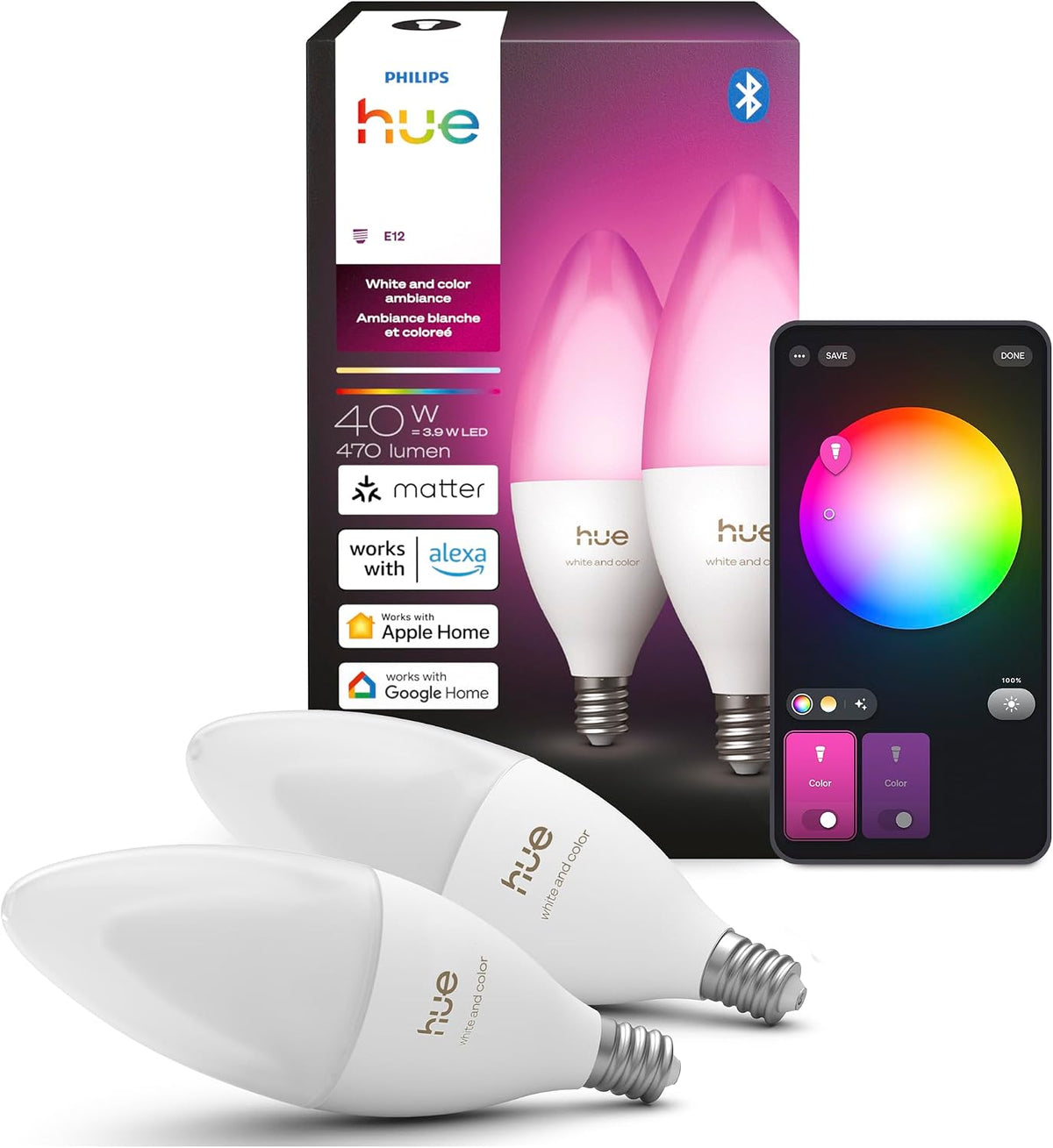 Philips Hue Bombilla LED inteligente para velas, B39, E12, paquete de 2