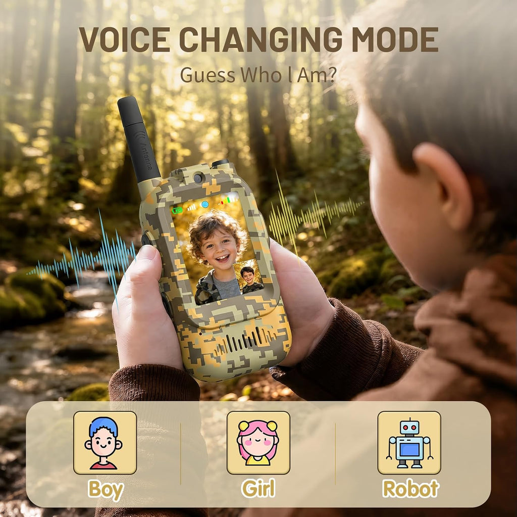 Walkie Talkie para niños con video: paquete de 2 juguetes recargables para niños pequeños con cámara HD y cambiador de voz, juguetes de regalo de largo alcance para niños y niñas de 3 a 8 años para