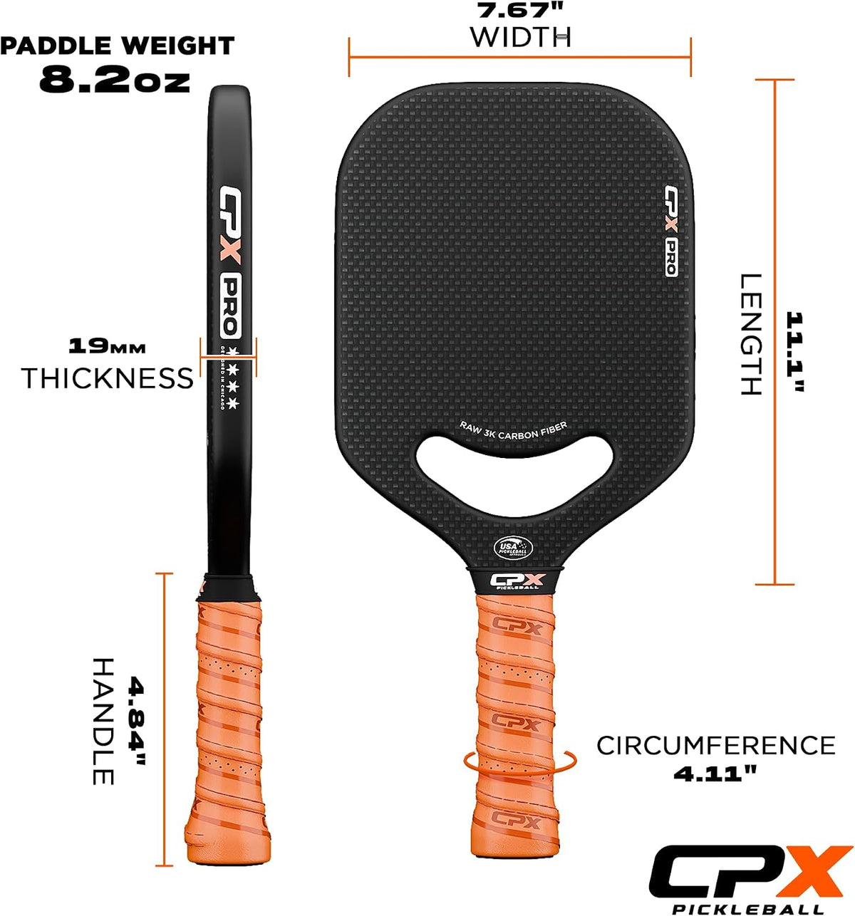 CPX Pro Paleta de pickleball en fibra de carbono - Grado profesional, acabado mate, núcleo de panal, agarre estilo tenis - Paleta sin borde diseñada en Chicago, EE. UU.