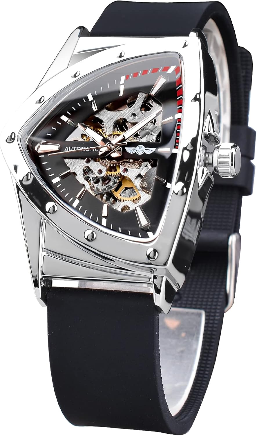 FORSINING Relojes de esqueleto para hombre, reloj mecánico automático con esfera triangular, relojes de cuerda automática luminiscentes, pulsera de acero inoxidable o correa de silicona suave