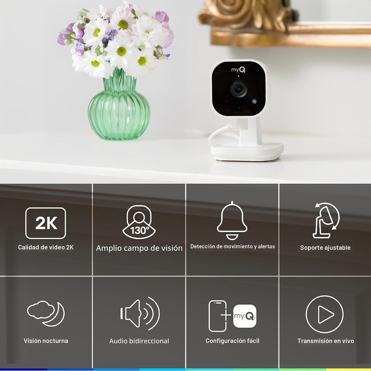 myQ - Cámara de seguridad enchufable para interiores Gen 2 – Cámara inteligente Wi-Fi 2K con visión nocturna, monitor de bebé y mascotas, detección de movimiento y alertas, audio de 2 vías y control