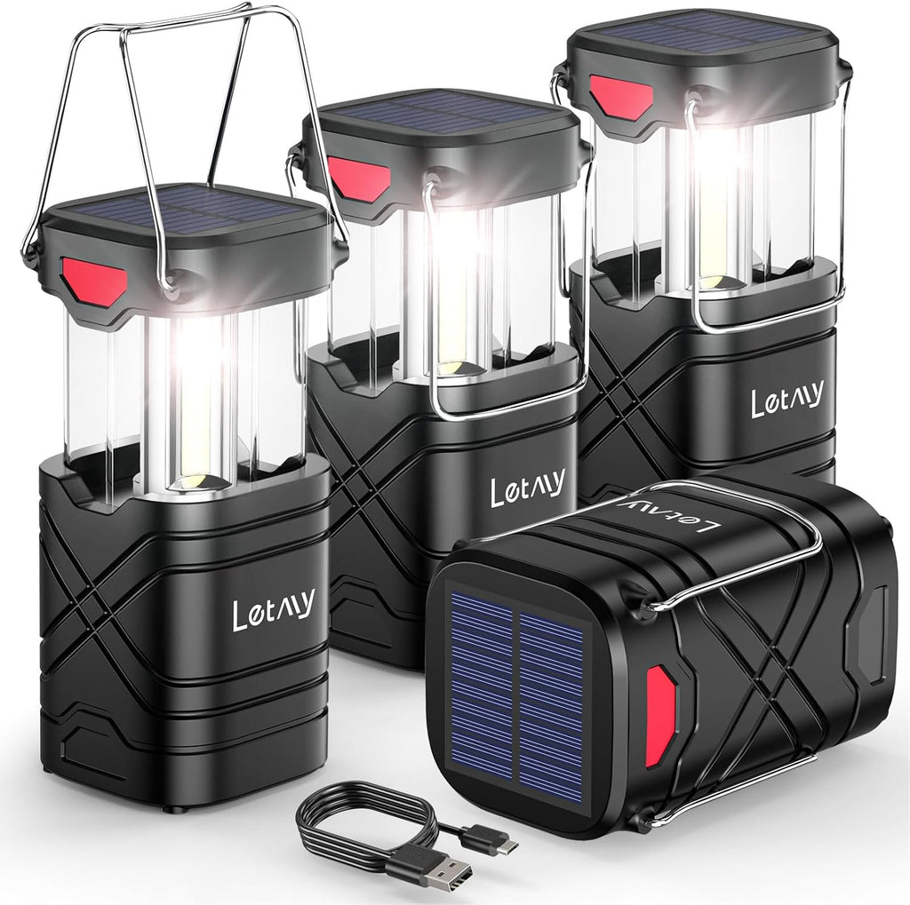 Lámpara LETMY Paquete de 4 linternas de campamento, linternas LED recargables, faroles solares con batería para huracanes con 3 vías de alimentación y cable USB para emergencias, cortes de energía