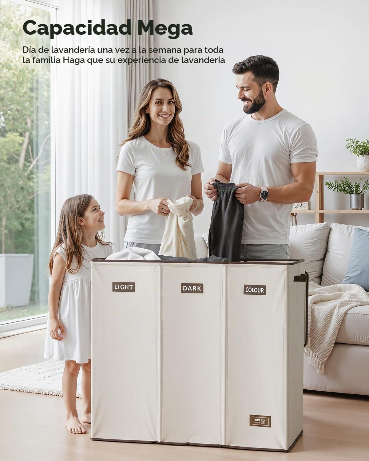 SOLEDI Cesta de lavandería de 3 secciones de 200 litros con tapa, cesta de ropa sucia extragrande con asas resistentes para lavandería y dormitorio, organizador duradero para clasificar la ropa sucia