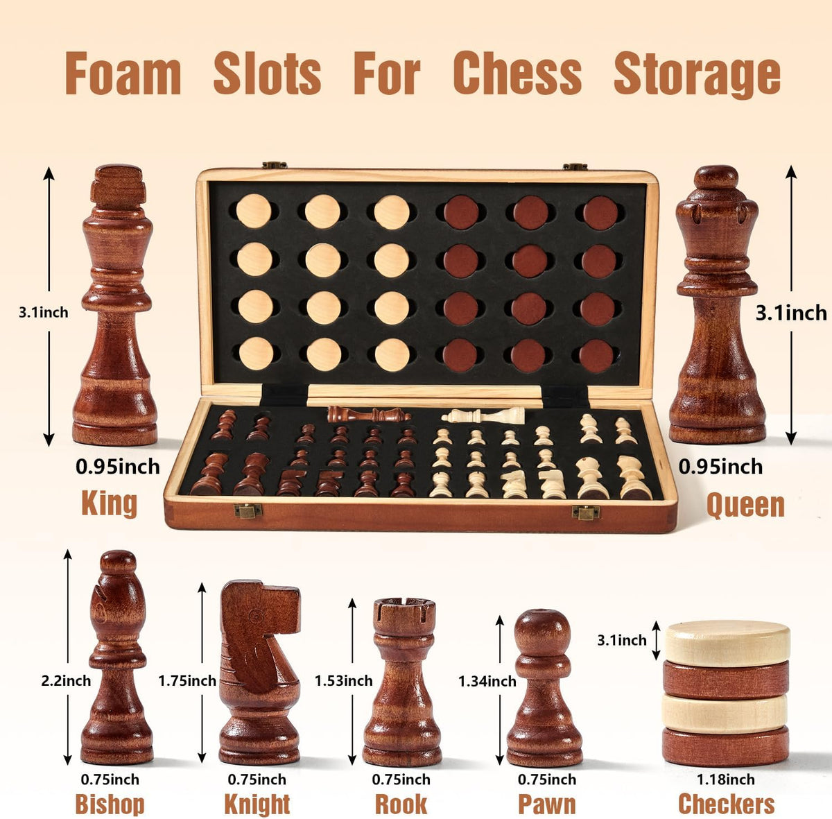 MerryPony 2 en 1 Magnetic Wooden Chess & Checkers Set, 15" Foldable Board