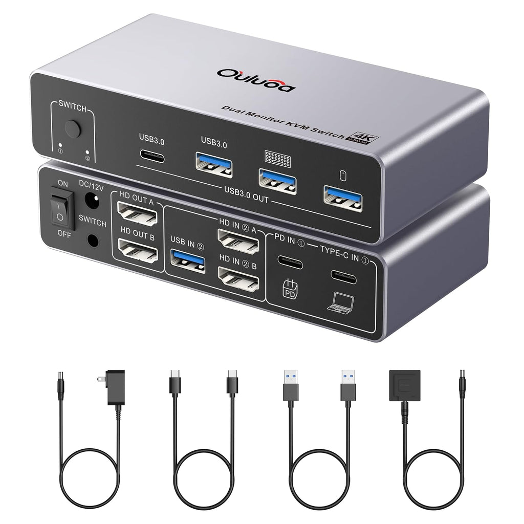 Conmutador Kvm USB C, 2 monitores, 1 escritorio y 1 portátil, estación de acoplamiento para conmutador KVM de doble monitor, 4K a 60 Hz, 2 pantallas HDMI, USB 3.0 x 3, USB C x1, PD 100 W