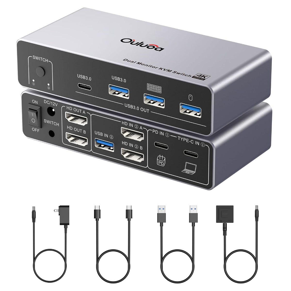 Conmutador Kvm USB C, 2 monitores, 1 escritorio y 1 portátil, estación de acoplamiento para conmutador KVM de doble monitor, 4K a 60 Hz, 2 pantallas HDMI, USB 3.0 x 3, USB C x1, PD 100 W