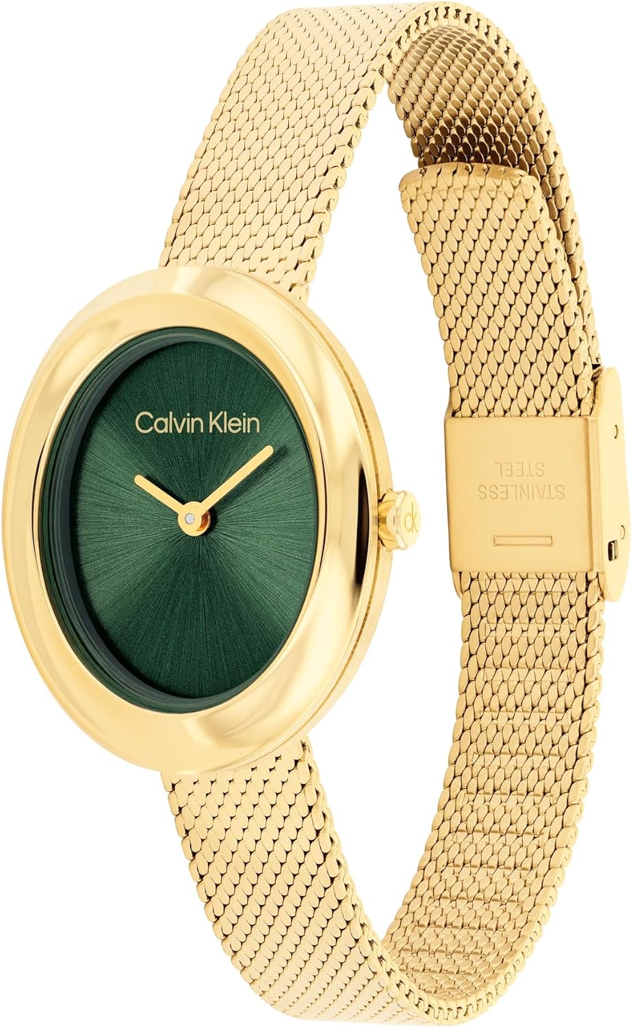 Calvin Klein Reloj de acero inoxidable con bisel trenzado para mujer, caja ovalada de 0.945 in, pulsera de malla, esfera de rayos solares, diseño elegante, regalo para ella