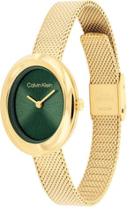 Calvin Klein Reloj de acero inoxidable con bisel trenzado para mujer, caja ovalada de 0.945 in, pulsera de malla, esfera de rayos solares, diseño elegante, regalo para ella