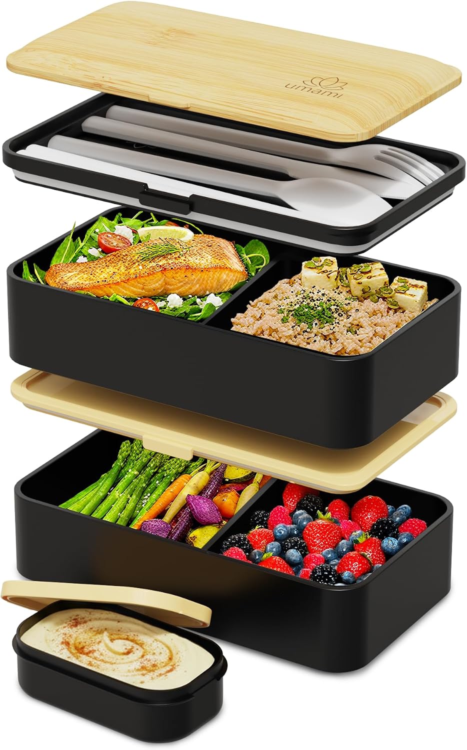 Umami Bento Box - Lonchera apilable para adultos, 40 onzas, negro y bambú