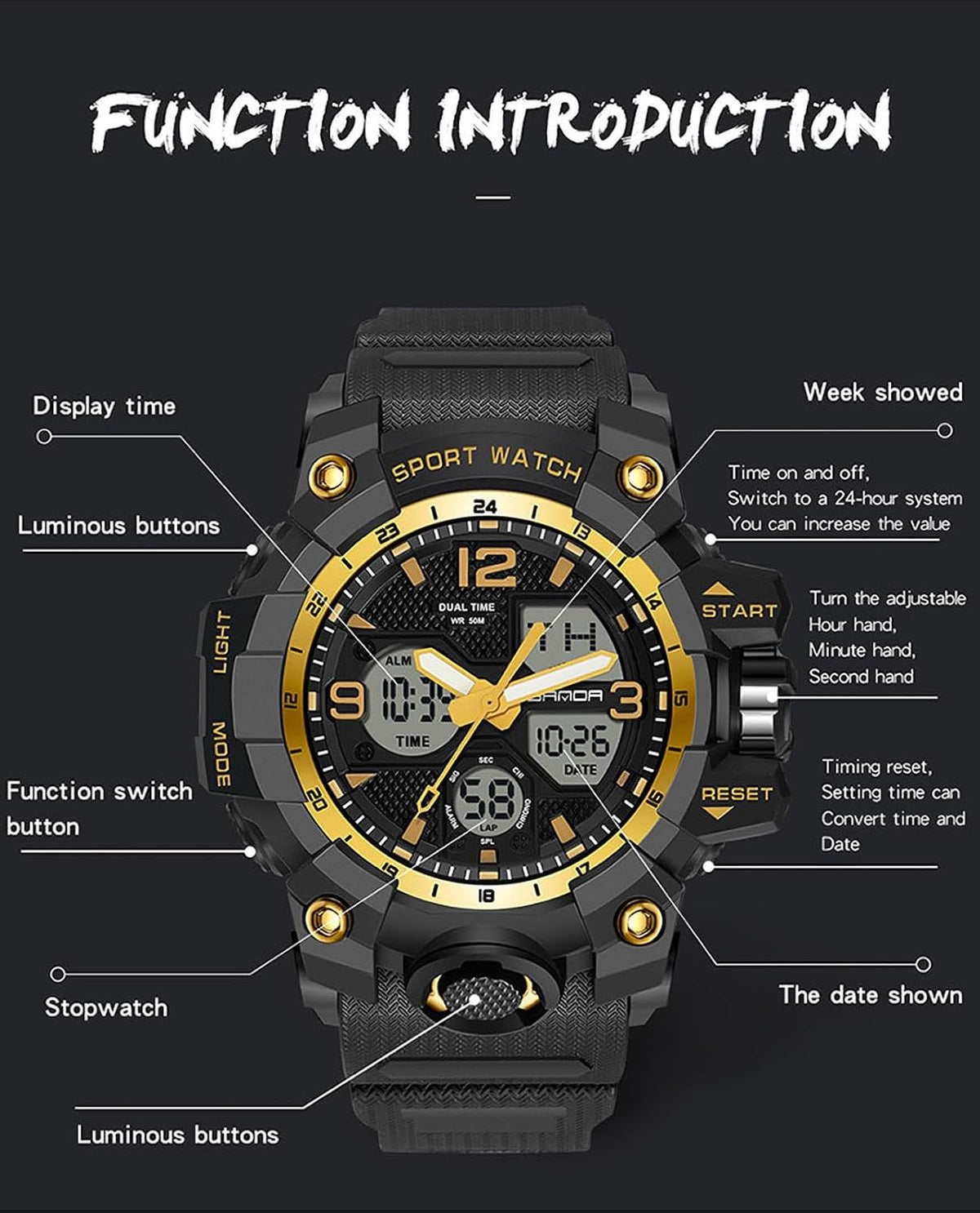 Relojes para Hombres, Reloj Deportivo para Hombre a Prueba de Agua, Reloj de Pulsera Táctico Militar Analógico Digital