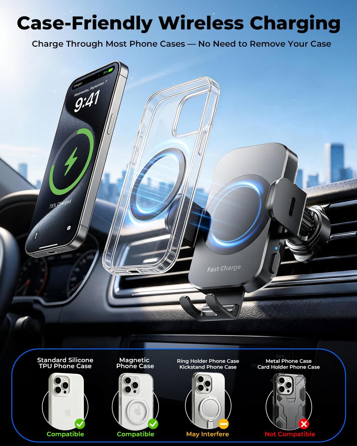 Soporte de cargador de coche inalámbrico 3 en 1, soporte de teléfono de sujeción automática de carga rápida de 15 W para iPhone 17 16 15 14, Samsung Galaxy S24 S23, tablero de instrumentos