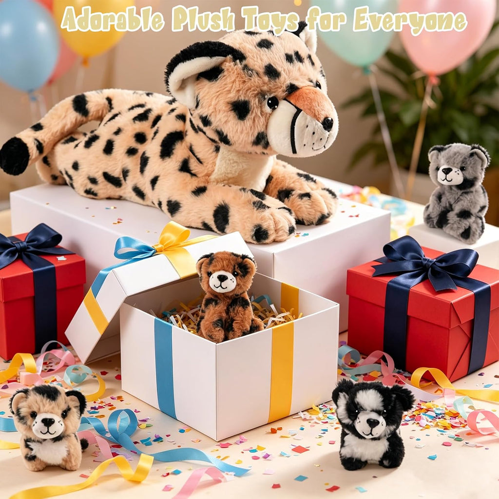 Animal de Peluche Cheetah con 4 crías para Niña, Peluche de Leopardo Para Abrazar