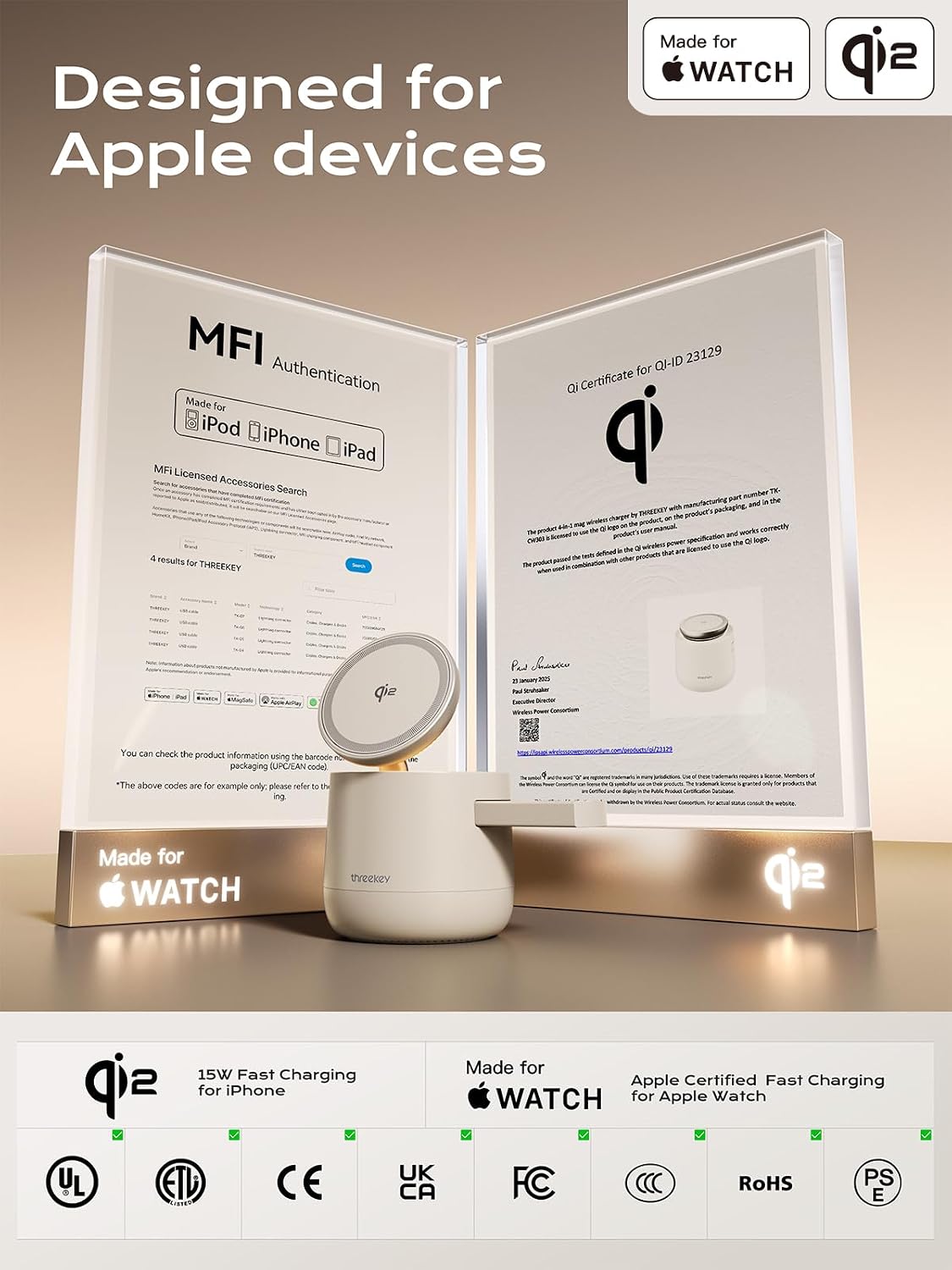Estación de carga inalámbrica magnética Qi2 4 en 1, cargador rápido de 15 W con módulo de carga hecho para Apple Watch, para iPhone 18-12 Series y AirPods, adaptador de 65 W incluido