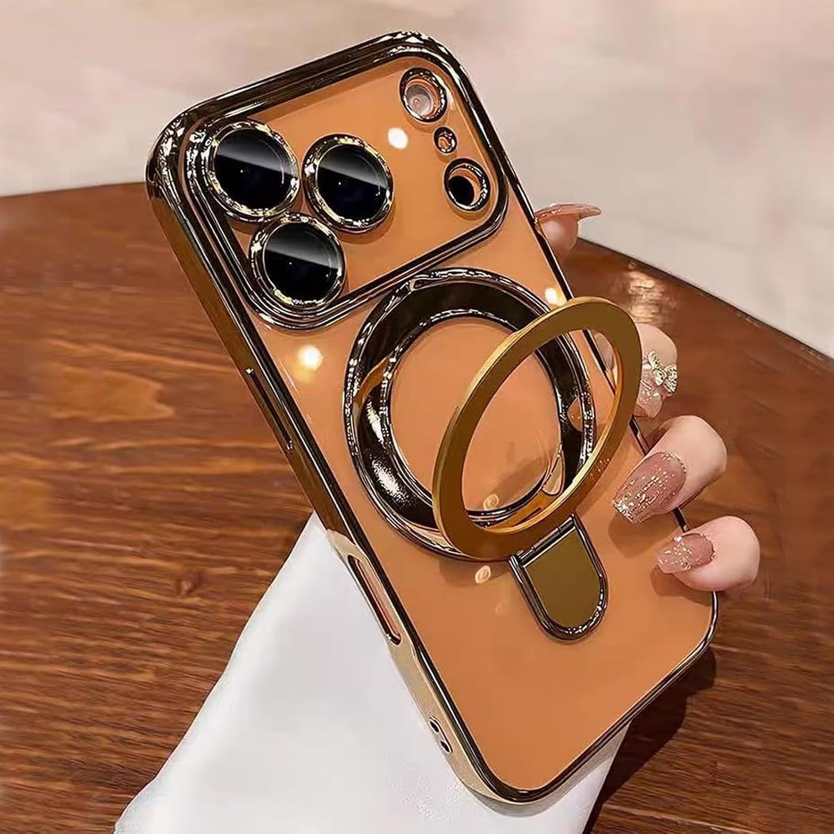 Funda magnética transparente para iPhone 17 Pro Max con soporte, protección completa de la cámara [compatible con Magsafe], funda para iPhone 17 Pro Max de 6.9 pulgadas, color dorado