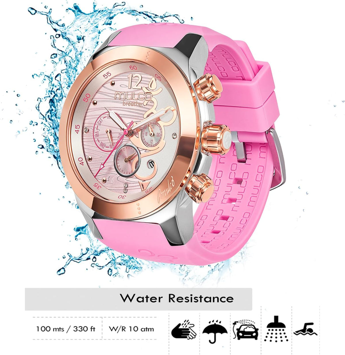 Reloj de lujo impermeable MULCO para mujer - Rose Gold, acero inoxidable, analógico