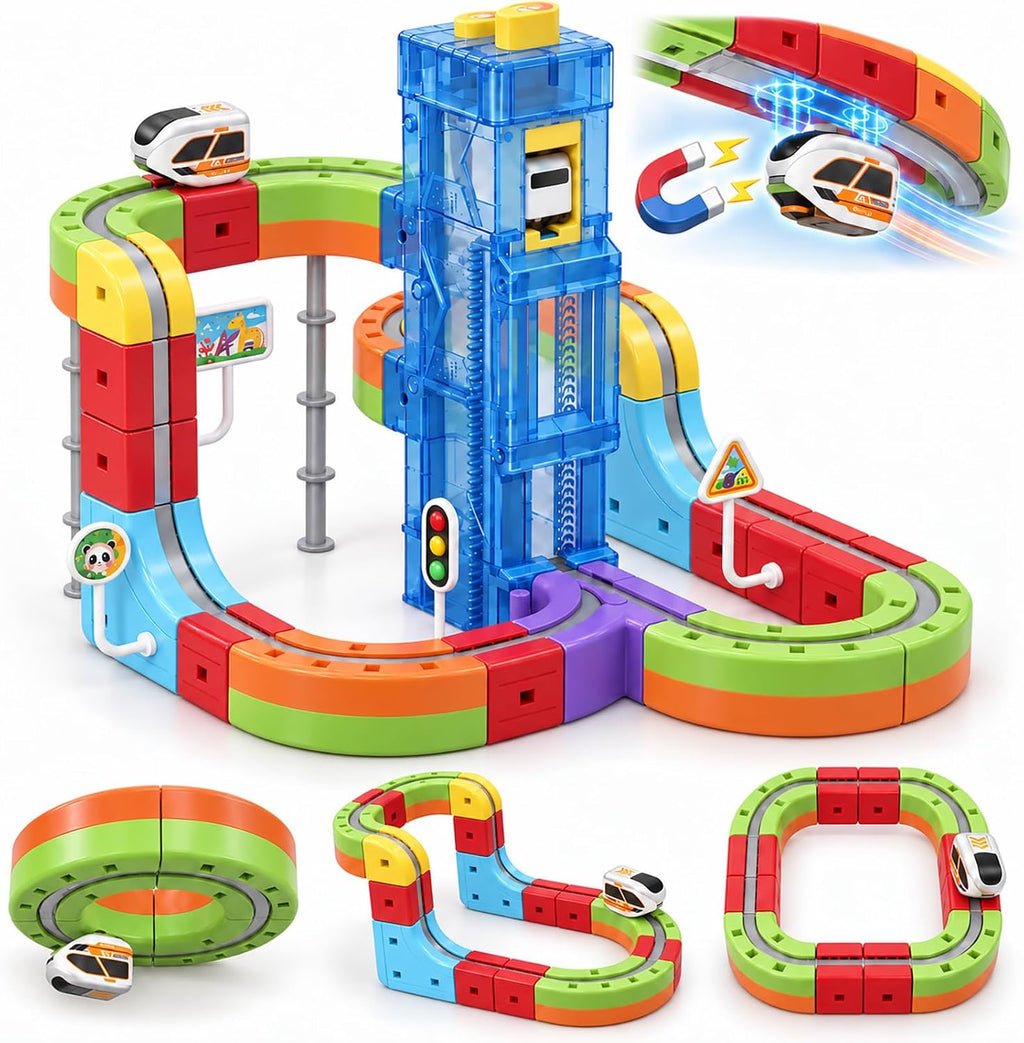 Juego de tren eléctrico magnético DIY para niños pequeños, elevador