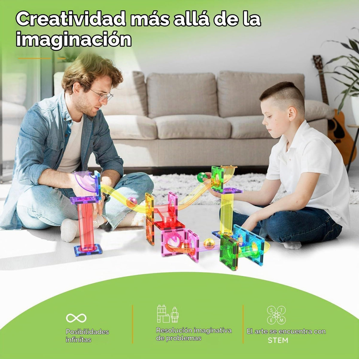 PicassoTiles Azulejos Magnéticos Pista de Canicas Bloques de Construcción Color Arcoíris con Tobogán Embudos de Caída Tubos Juguete Educativo STEM Set Compatible Kit de Construcción Duradero para