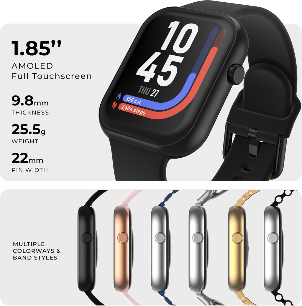 iTouch Reloj inteligente AIR 5, pantalla AMOLED de 1.85 pulgadas, llamadas Bluetooth, más de 100 modos deportivos, frecuencia cardíaca, SpO2, seguimiento del sueño y el estrés, resistente al agua, duración de la batería de 7 días, para Android y iPhone